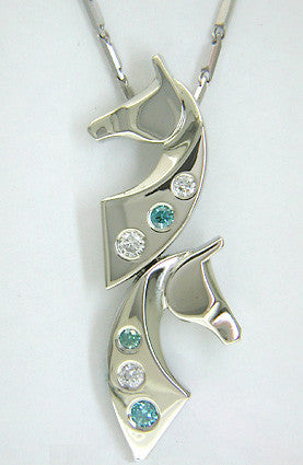 The Classic© Double Pendant in 14k with Teal & White Diamonds