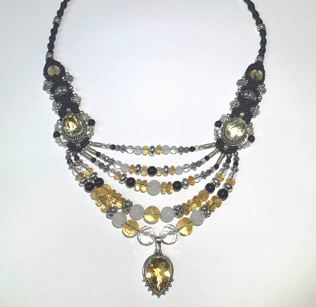 Isha Elafi #540 Multi Strand Black,White,Citrine, Rock Crystal and Moonstone
