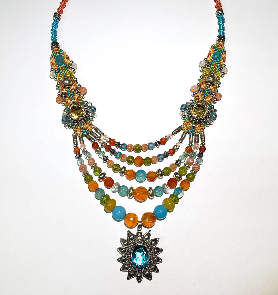 Isha Elafi #541 Multi Blue,Orange,Green With Blue Topaz, Citrine, Carnelian, Rhodochrosite and Peridot