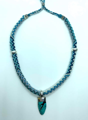 Isha Elafi #605 Rope Necklace Blue White With a Turquoise Drop
