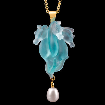 Cast Glass Sea Horses Pendant in 14kt yellow gold