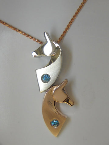 The Classic© Double Pendant in 14k Gold with Teal Diamonds