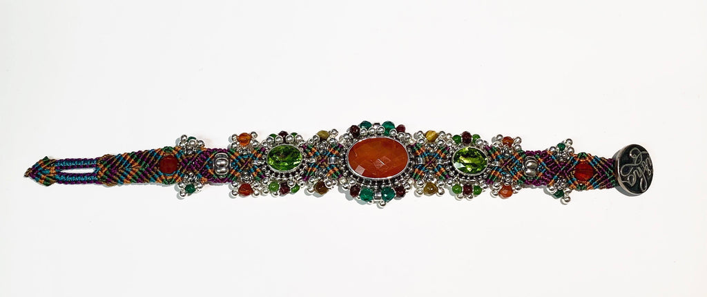 Isha Elafi #465 Silver Drop Bracelet Green, Orange, Purple With Carnelian and Peridot