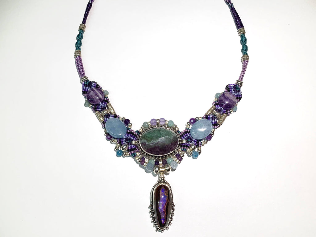 Isha Elafi #537 Big Gio Necklace Purple, Teal and Black With Fluorite , Opal and Amethyst