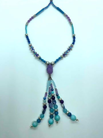 Isha Elafi J#587 oy Tassel Necklace Blue Purple With Suglite and Amazonite