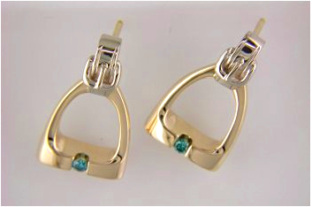 Stirrup Earrings in 14k Yellow & White Gold with Teal Diamonds