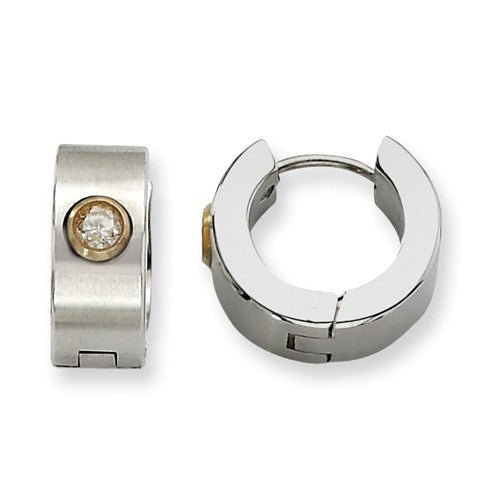 Stainless Steel Brushed Huggies with Gold Bezel Set Cubic Zirconia