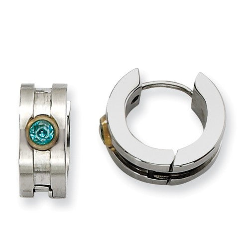 Stainless Steel Brushed Huggies with Gold Bezel Set Teal Cubic Zirconia