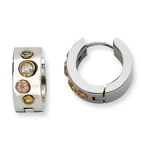 Stainless Steel Brushed Huggies with Gold Bezel Set Multi-Color Cubic Zirconia