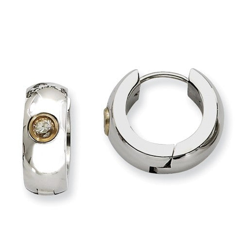 Stainless Steel Shiny Huggies with Gold Bezel Set Cubic Zirconia