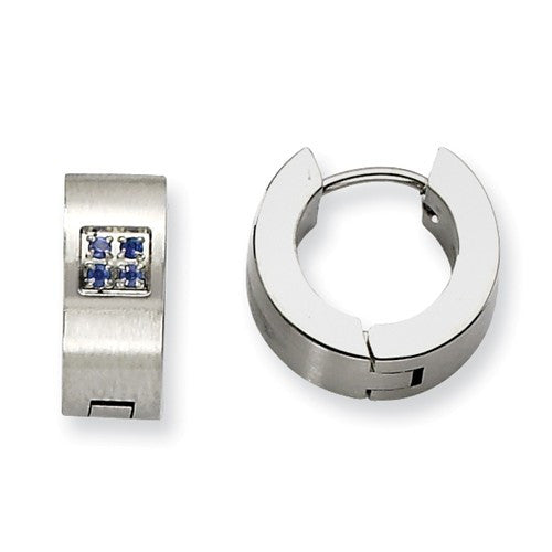 Stainless Steel Brushed Huggies with Blue Cubic Zirconias