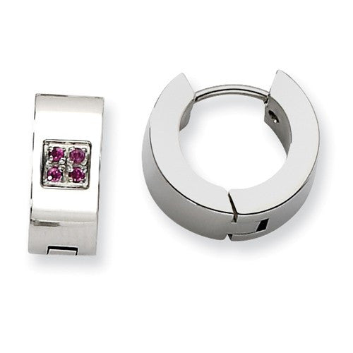 Stainless Steel Brushed Huggies with Pink Cubic Zirconias
